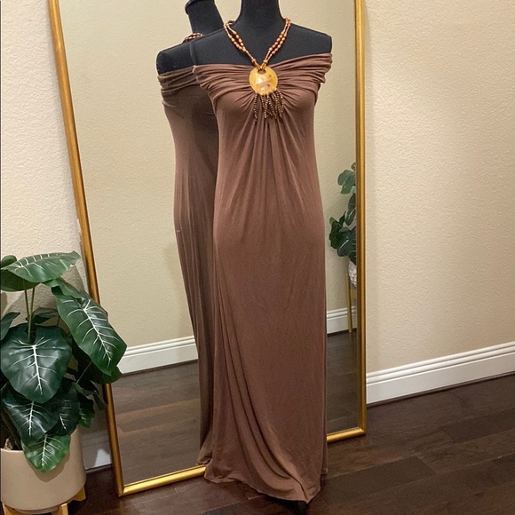 Sky Embellished Ruched Brown Off-Shoulder Halter Gown Size L - Picture 1 of 7